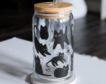 Black Cat Void And Stars glazen beker met bamboe deksel en rietje 16oz, schattige glazen beker voor matcha, koffie, thee