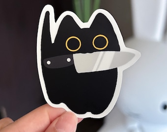 Black Cat With Knife Void Halloween Sticker, Matte Vinyl Waterproof Sticker, Cute Silly Funny Sticker
