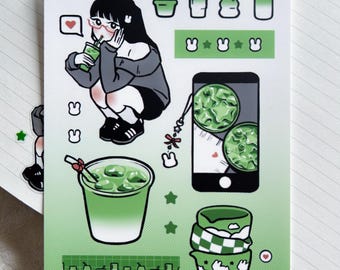 Matcha Anime Girl 5x7 Mini Art Print Postcard, Y2k Green Aesthetic Art Prints for Wall Decor