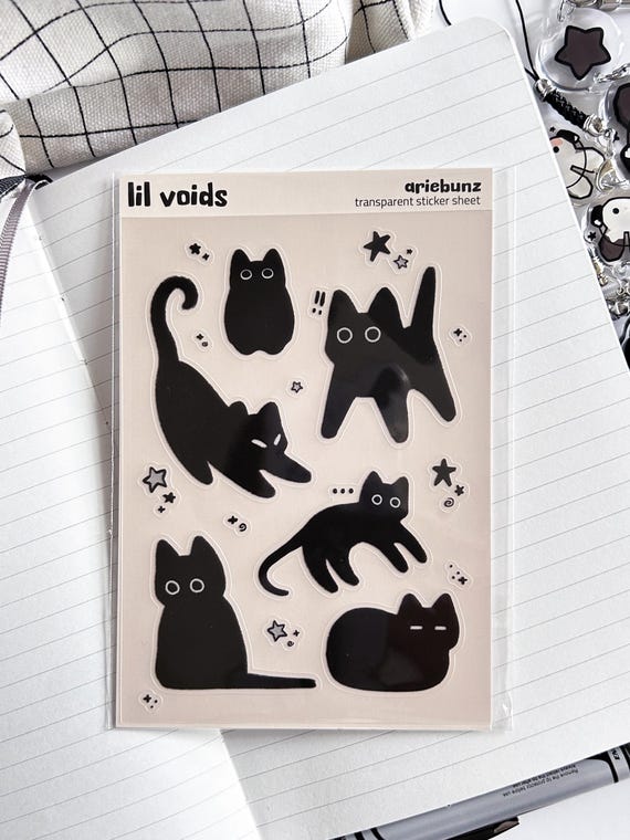 Black Cat and Stars Void Cat Sticker Sheet 4x6, Clear Transparent Sticker Sheet For Journal, Laptop, Water Bottle, Cute Kawaii Sticker Sheet
