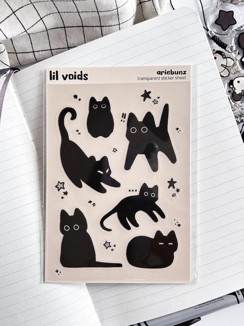 Black Cat and Stars Void Cat Sticker Sheet 4x6, Clear Transparent Sticker Sheet For Journal, Laptop, Water Bottle, Cute Kawaii Sticker Sheet bild 1
