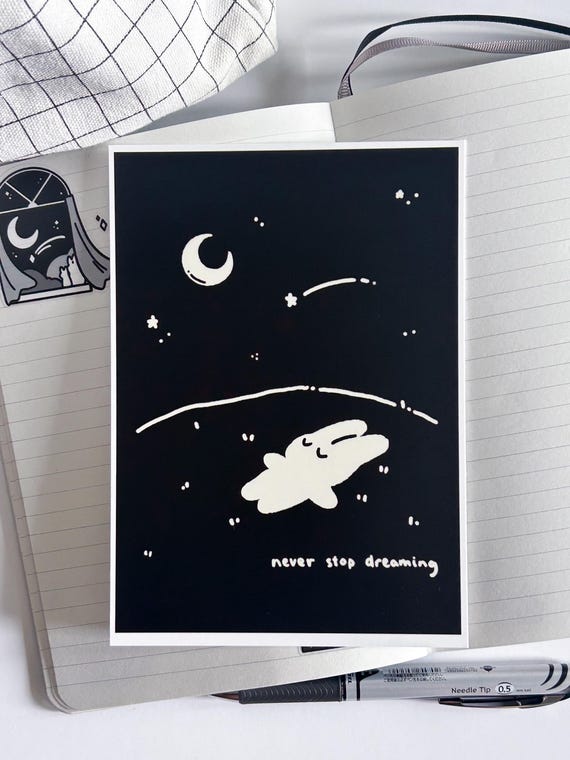 Sleeping Dreaming Bunny Rabbit 5x7 Mini Art Print Postcard, Never Stop Dreaming, Black Dark Aesthetic Art Prints for Wall Decor