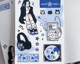 Music Anime Girl 5x7 Mini Art Print Postcard, Y2k Blue Aesthetic Art Prints for Wall Decor