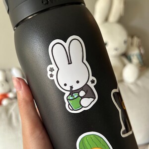 May include: Black Owala water bottle decorated with cartoon stickers. A white bunny sticker drinks from a green cup. Other stickers include a black cat and a cat in a cucumber costume. The bottle is held by a hand.