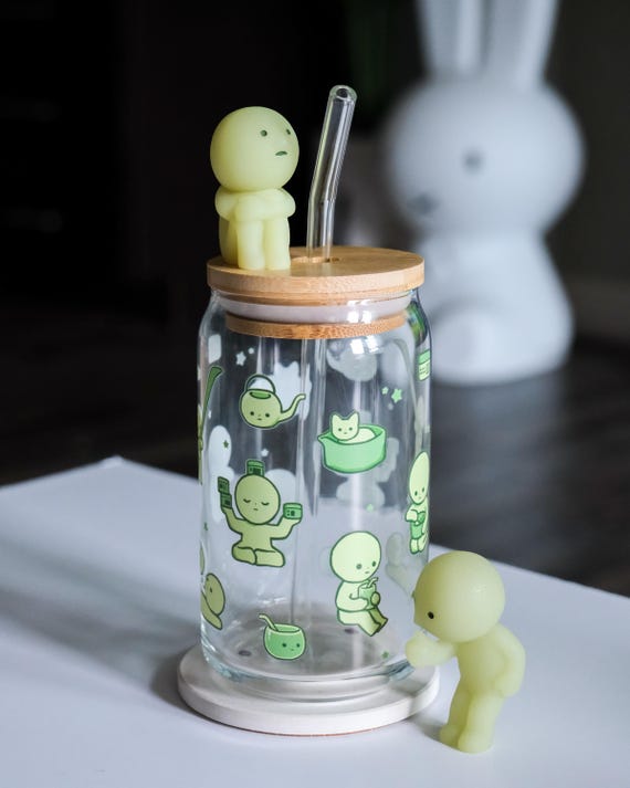Lil Green Guy Matcha Lover Glass Cup With Bamboo Lid and Straw 16oz, Cute Glass Cup for Matcha, Coffee, Tea
