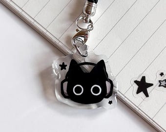 Black Cat Void With Headphones Music Phone Charm, Cute Acrylic Phone Strap Keychain Accessory