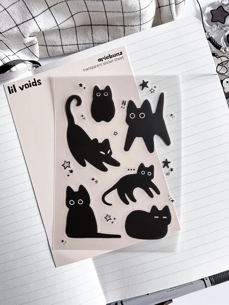 Black Cat and Stars Void Cat Sticker Sheet 4x6, Clear Transparent Sticker Sheet For Journal, Laptop, Water Bottle, Cute Kawaii Sticker Sheet bild 2