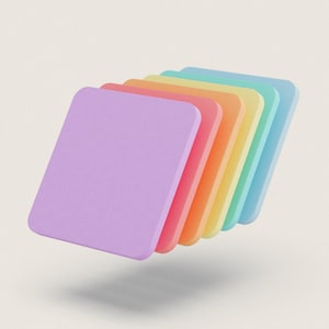 May include: A stack of seven square, pastel-colored coasters arranged in a diagonal line. The colors include lavender, pink, orange, yellow, green, and blue. The coasters have rounded corners and a smooth surface.