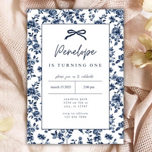 Blue Floral Toile De Jouy First Birthday Invitation: Elegant Chinoiserie (Digital Download)