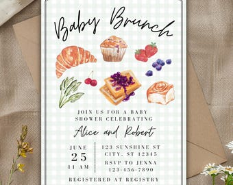 Green Gingham Baby Brunch Invitation Template (Digital Download)