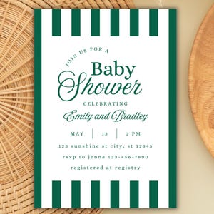 Green Stripe Baby Shower Invitation: Modern Gender Neutral Invite (Digital Download)