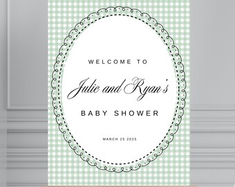 Letrero de bienvenida de cuadros verdes para baby shower: Plantilla editable (descarga digital)
