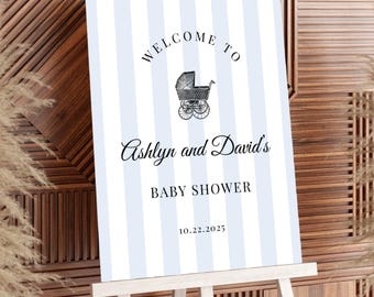 Cartello di benvenuto per baby shower a righe blu: modello modificabile (download digitale)