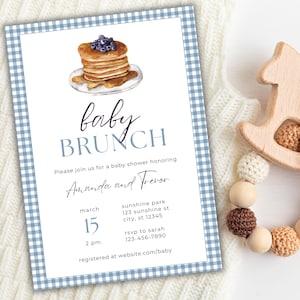 invito per baby shower brunch per bambini a quadretti blu modificabile modello download digitale immediato bambino maschio femmina colazione caffè genere neutro