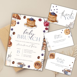 Invitation modifiable à une baby shower pour le brunch avec tombola de couches de couches, cartes de remerciement et modèles de demande de livre, téléchargement immédiat pour bébé, garçon ou fille