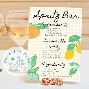 edytowalny żółty gingham spritz bar cart ślubny baby shower menu akwarela cytrusy cyfrowe pobieranie diy bar znak podpis koktajl
