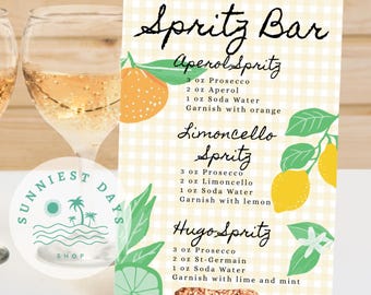 Enseigne jaune Vichy Spritz Bar : menu modifiable de boissons pour la douche aux agrumes (téléchargement numérique, 5 x 7 et 20 x 10 po.)