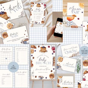 Ensemble modifiable pour le brunch de baby shower avec invitation pour une tombola de couches, demande de carnet de billets, jeux de cartes de remerciement, étiquettes de nourriture, bar et panneaux de bienvenue
