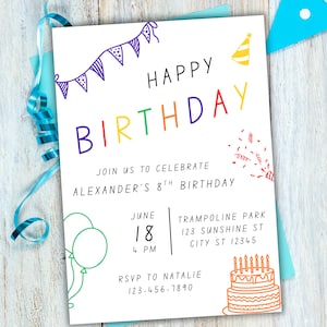 May include: A colorful birthday party invitation with the text "Happy Birthday" in rainbow colors. The invitation includes details for Alexander's 8th birthday party at a trampoline park on June 18th at 4 PM. RSVP to Natalie at 123-456-7890.