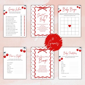 May include: A set of baby shower games with a red cherry theme. The games include "Guess What," "Don't Say Baby," "Baby Bingo," "Price is Right," "How Big is Mommy's Bump?" and "Baby Predictions." The words "10 Games" are in a red circle.