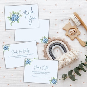 Insertions modifiables d'invitation pour baby shower sur le thème des bleuets, y compris une carte de remerciement pour un tirage de couches et une demande de livre en téléchargement numérique instantané