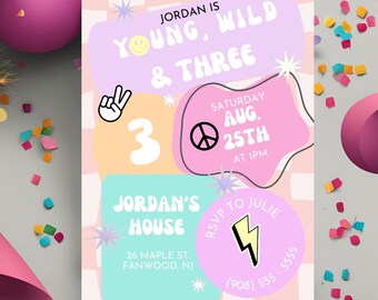 Young Wild and Three Retro Girl Invite Wild Three Birthday Printable Preppy Girl Birthday Invite Smiley Face Birthday Invite Smiley Invite