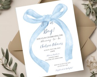 Blue Bow Boy Baby Shower Invite Simple Baby Boy Shower Invite Boy Bow Baby Sprinkle Invitation Digital Editable Shower Invite Template