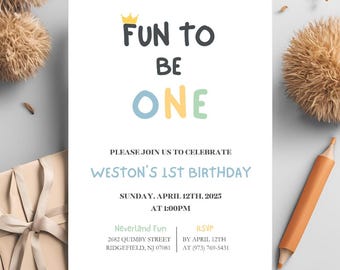 Fun To Be One nodigen pastel 1e jongen verjaardagsuitnodiging mijlpaal eerste jaar verjaardag digitale bewerkbare sjabloon uitnodigen jongens verjaardagsthema