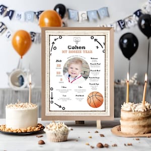 Letrero de hito de novato de baloncesto, póster de mi primer año, letrero de estadísticas de primer cumpleaños, decoración imprimible de baloncesto para cumpleaños de deportes de baloncesto