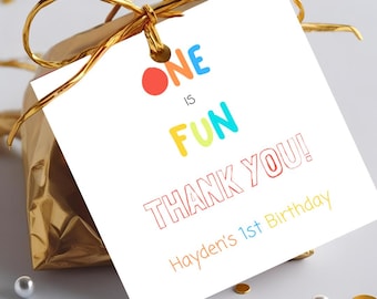 One is Fun Party Favor Tags 1st Birthday Party Decor Boys First Birthday Theme Colorful Party Ideas Digital Square Favor Tags Thank You Tags