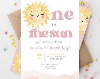 One in the Sun 1st Birthday Invite Sun First Birthday Printable Sunshine Party Theme Boho Sun Summer 1st Birthday Sunshine Invitation