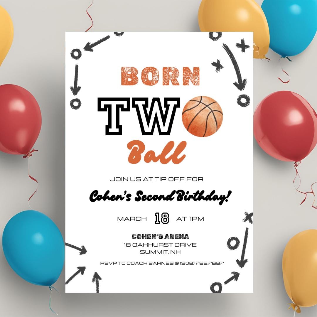 Born Two Ball Basketball Invitation Sports Theme 2nd Birthday Invite ...
