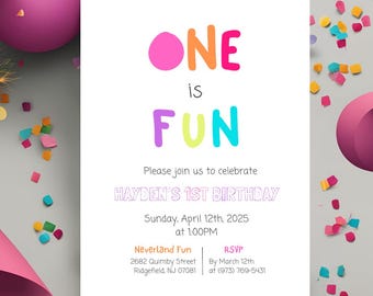 ONE Is Fun Girl 1st Birthday Party Invitation Digital Editable Milestone First Year Template Invite Colorful 1st Birthday Theme