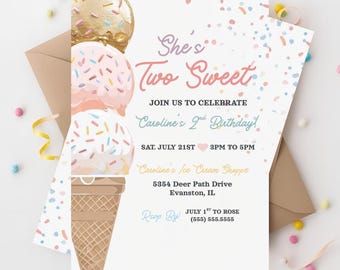 Two Sweet Birthday Invite Two Sweet Ice Cream Birthday Party Editable Two Sweet Invitation 2nd Summer Birthday Theme Ice Cream Birthday