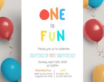 ONE Is Fun verjaardagsuitnodiging One is Fun uitnodiging eerste afdrukbare verjaardagsfeestje uitnodiging kleurrijke 1e verjaardag uitnodigen jongens verjaardagsuitnodiging
