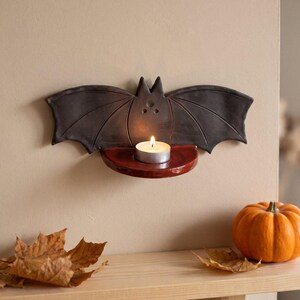 コウモリの壁掛けティーライト陶器テンプレート、ハロウィン粘土板パターン、印刷可能なPDF（英語＆ドイツ語）、手作りキャンドルホルダー