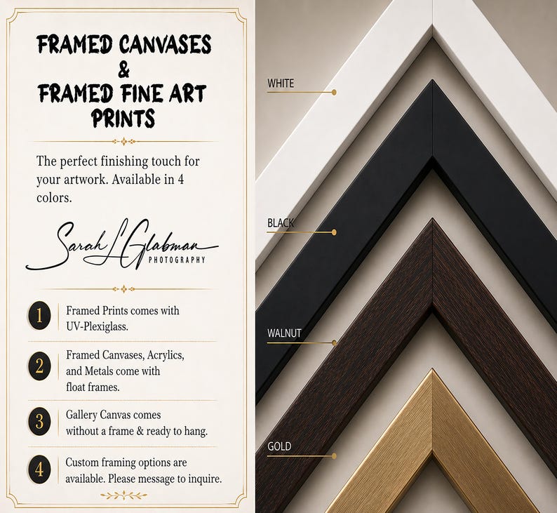 The image is a collage of four framed art prints, each with a different color frame, showcasing the perfect finishing touch for artwork.