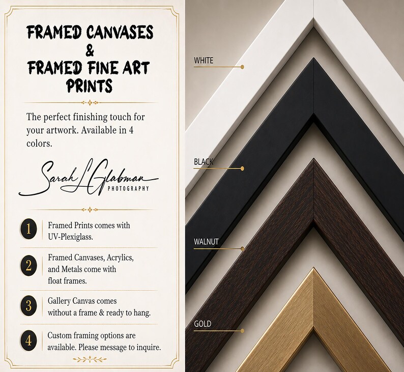 The image is a collage of four framed art prints, each with a different color frame, showcasing the perfect finishing touch for artwork.