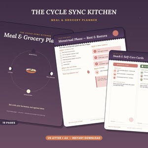 Puede incluir: Un planificador digital de comidas y compras titulado The Cycle Sync Kitchen, con 19 páginas que incluyen gráficos para las fases menstrual, folicular, ovulatoria y lútea. Incluye tarjetas de snacks y autocuidado en tonos morado, blanco y verde.