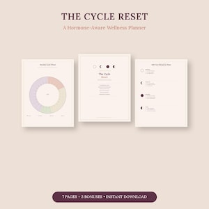 May include: A wellness planner titled The Cycle Reset: A Hormone-Aware Wellness Planner, featuring three pages with a monthly cycle wheel, moon phase icons, and self-care rituals. The design uses a soft beige background with dark text.
