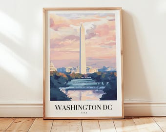 May include: A vintage-style poster featuring a colorful illustration of the Washington Monument in Washington, D.C. The poster has a pink and orange sunset sky with the text "WASHINGTON DC" and "USA" at the bottom.