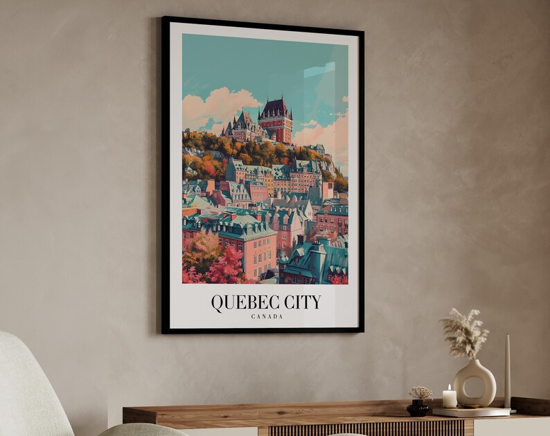May include: A vintage-style poster featuring a colorful illustration of the cityscape of Quebec City, Canada. The poster has the text "Quebec City, Canada" at the bottom.