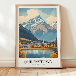 Póster de viaje de Queenstown, arte mural neozelandés, viajes retro, impresión de estilo vintage sereno, obra de arte de viaje atemporal para espacios acogedores