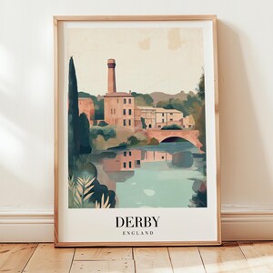 Derby Reiseplakat, England UK Wandkunst, Retro Reise, Gelassener Vintage Stil Druck, Zeitloses Reise Kunstwerk für Gemütliche Räume