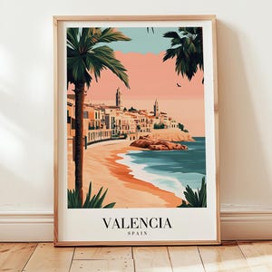 May include: A colourful illustration of a cityscape with palm trees and a beach. The text "VALENCIA SPAIN" is at the bottom of the image.