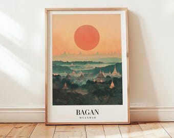 Bagan Travel Poster, Myanmar Wall Art, Aesthetic Travel Wall Decor, Wedding Gift, Retro Wall Decor for Travelers, City Scape Print