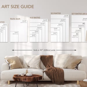 May include: A wall art size guide with different ratios and measurements in inches and centimeters. The guide shows the size of art pieces that would look good above a 90-inch wide sofa.