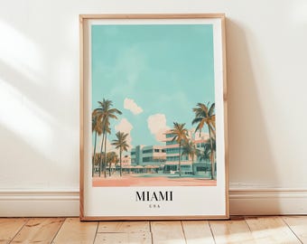 Puede incluir: Una impresión artística enmarcada que representa Miami, EE. UU. La obra de arte muestra palmeras, edificios y un cielo azul claro con nubes. La palabra "MIAMI" está impresa en la parte inferior.
