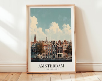 Amsterdam Travel Poster, Vintage Netherlands Wall Art Print, Canal Houses Cityscape Artwork