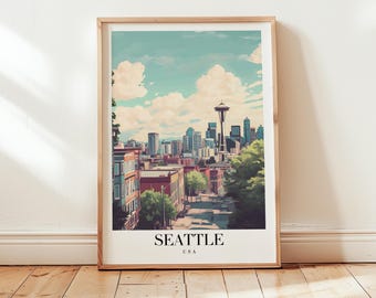 Puede incluir: Una impresión artística enmarcada que presenta una ilustración estilizada de Seattle, EE. UU. La obra de arte representa el horizonte de la ciudad, incluida la Space Needle, bajo un cielo azul con nubes. La impresión está en un marco de madera.